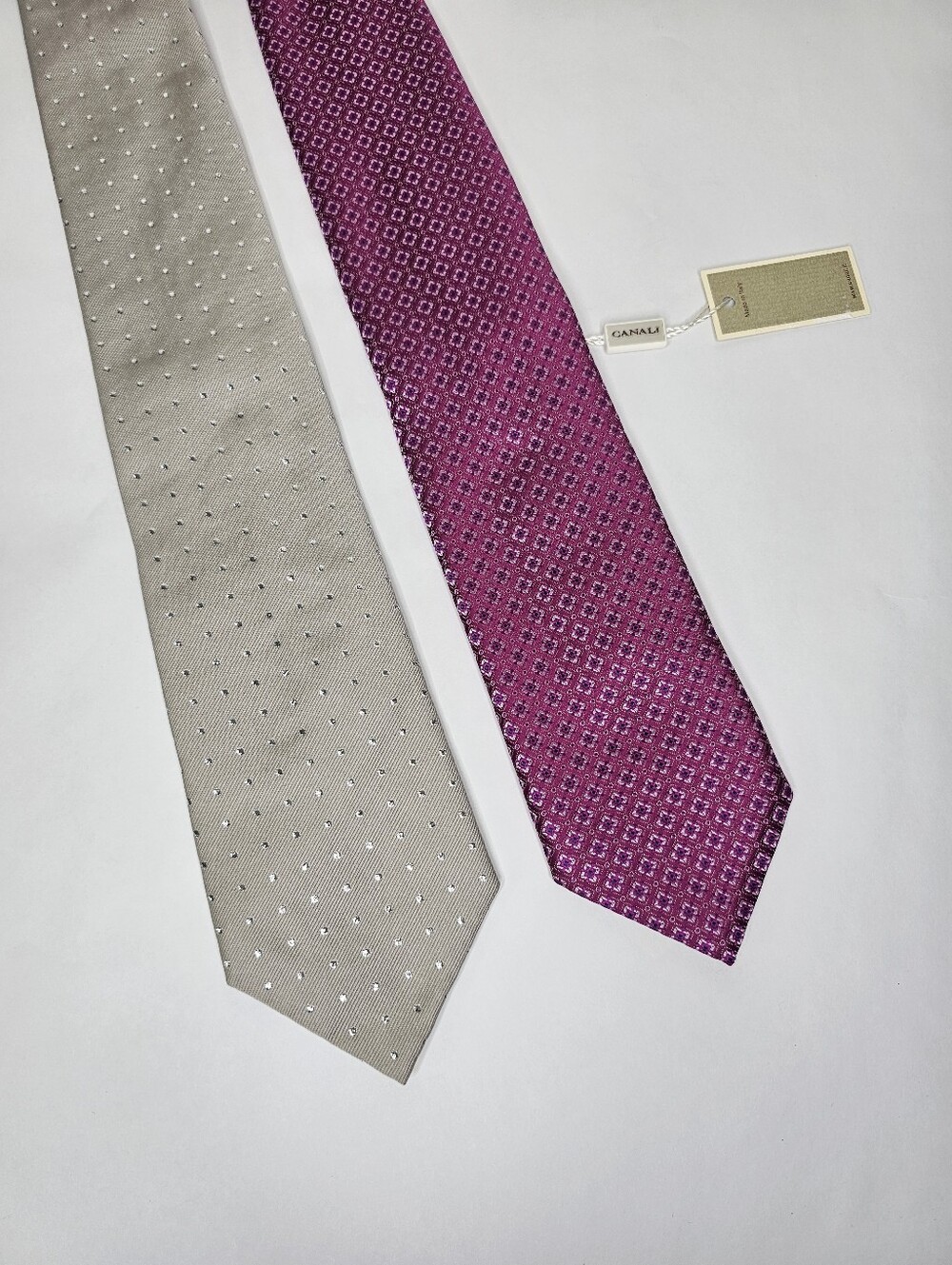 Canali Silk Ties - Bundle Of 2 Pink Geometric And Gray Sparkle